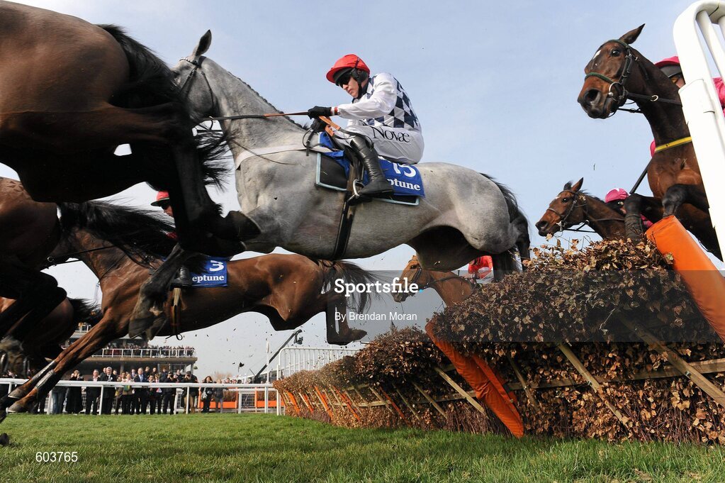 14 March 2012; Simonsig, with Barry Geraghty up, clears the last 'first time round' on their way to winning the Neptune Investment Management Novices' Hurdle. Cheltenham Racing Festival, Prestbury Park, Cheltenham, England. Picture credit: Brendan Moran / SPORTSFILE