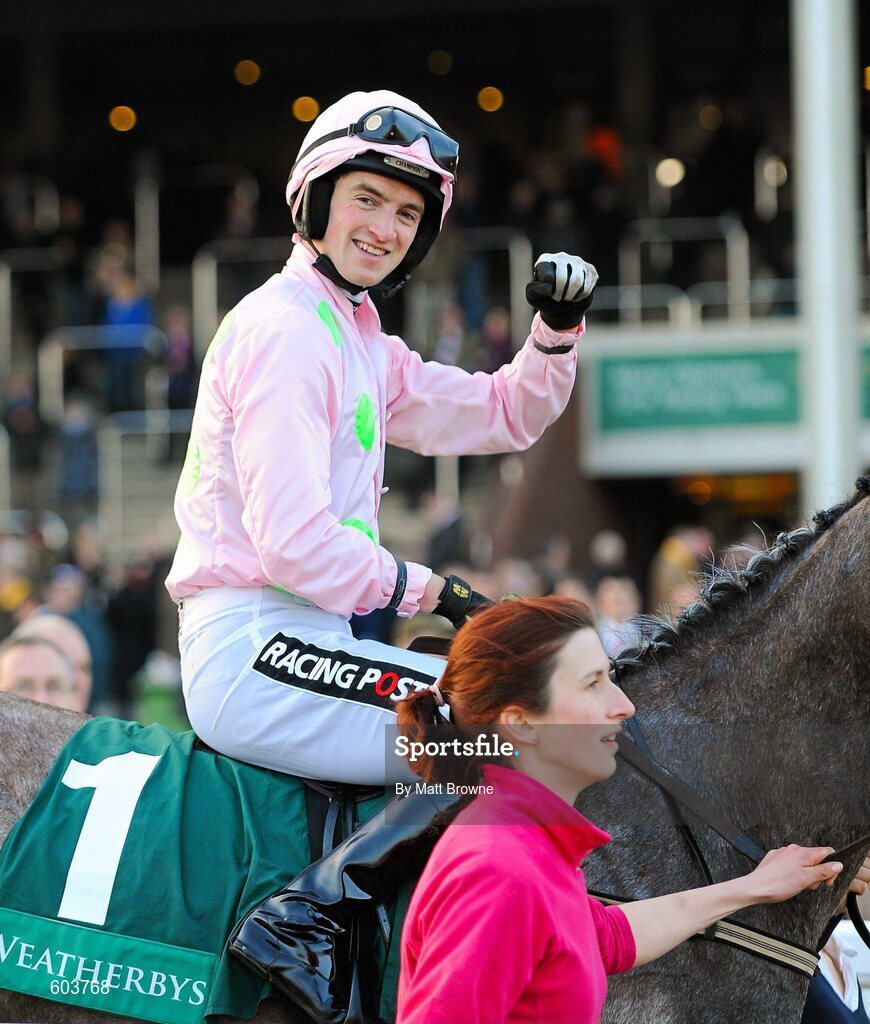 14 March 2012; Jockey Patrick Mullins, aboard Champagne Fever, celebrates after winning the Weatherbys Champion Bumper. Cheltenham Racing Festival, Prestbury Park, Cheltenham, England. Picture credit: Matt Browne / SPORTSFILE