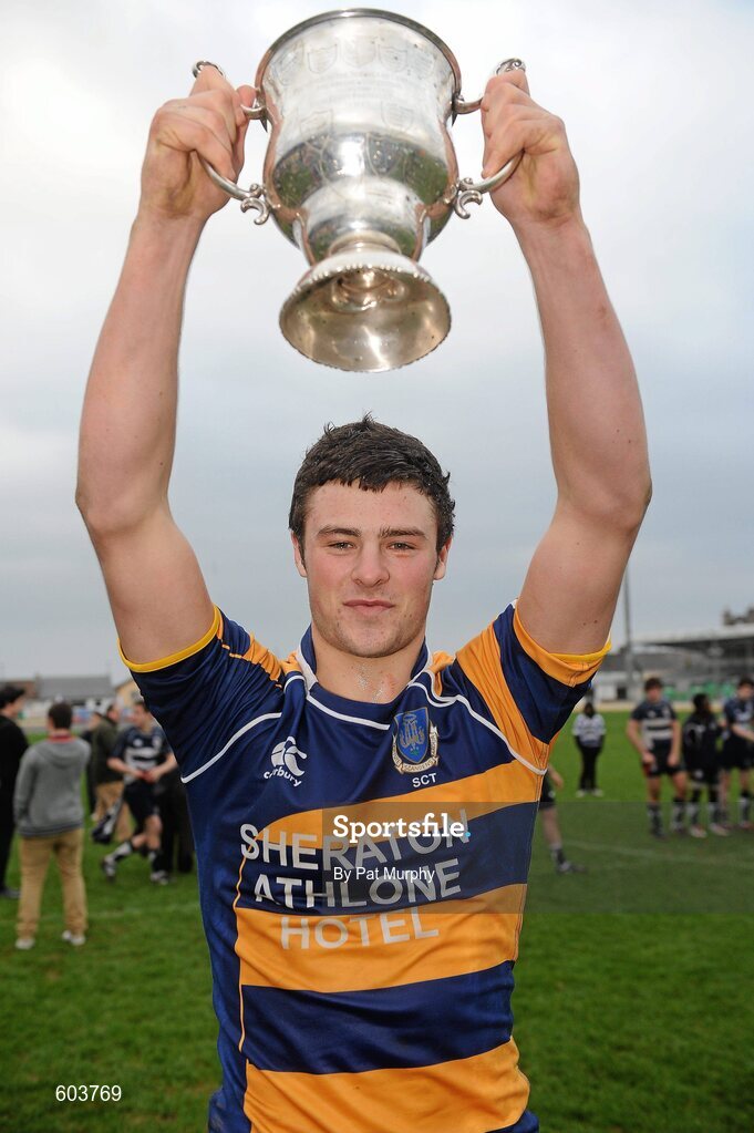 14 March 2012; Robert Henshaw, Marist College, Athlone, lifts the cup after victory over Sligo Grammar School. Supermac's Connacht Schools Senior Cup Final, Marist College, Athlone v Sligo Grammar School, Sportsground, Galway. Picture credit: Pat Murphy / SPORTSFILE