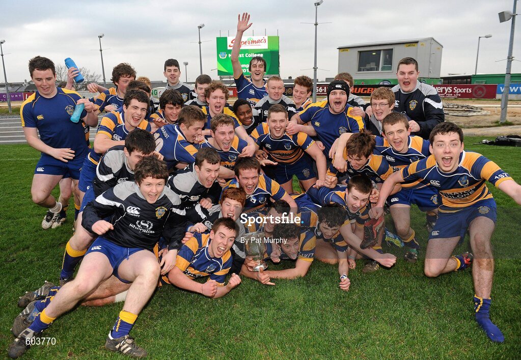 14 March 2012; The Marist College, Athlone, team celebrate with the cup after victory over Sligo Grammar School. Supermac's Connacht Schools Senior Cup Final, Marist College, Athlone v Sligo Grammar School, Sportsground, Galway. Picture credit: Pat Murphy / SPORTSFILE