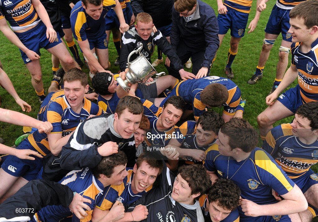 14 March 2012; The Marist College, Athlone, team celebrate with the cup after victory over Sligo Grammar School. Supermac's Connacht Schools Senior Cup Final, Marist College, Athlone v Sligo Grammar School, Sportsground, Galway. Picture credit: Pat Murphy / SPORTSFILE