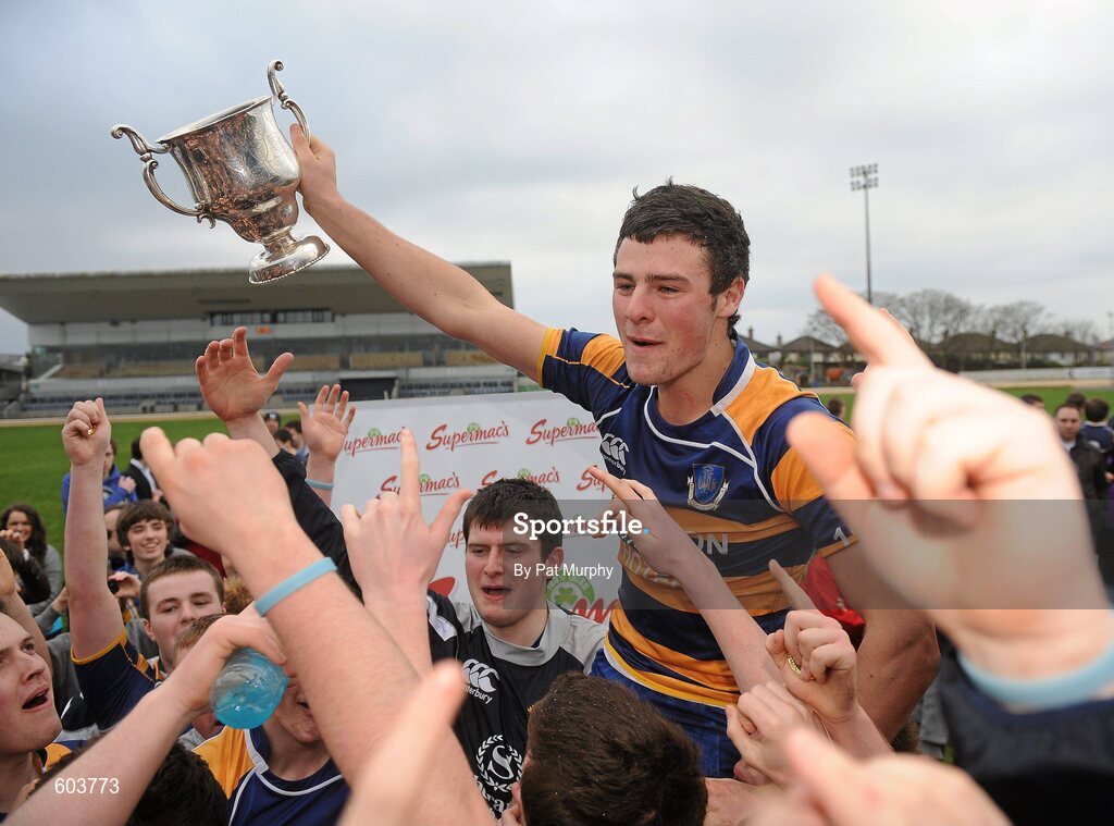 14 March 2012; Marist College, Athlone, captain Robert Henshaw is lifted shoulder high by his team-mates as he celebrates with the cup after the game. Supermac's Connacht Schools Senior Cup Final, Marist College, Athlone v Sligo Grammar School, Sportsground, Galway. Picture credit: Pat Murphy / SPORTSFILE