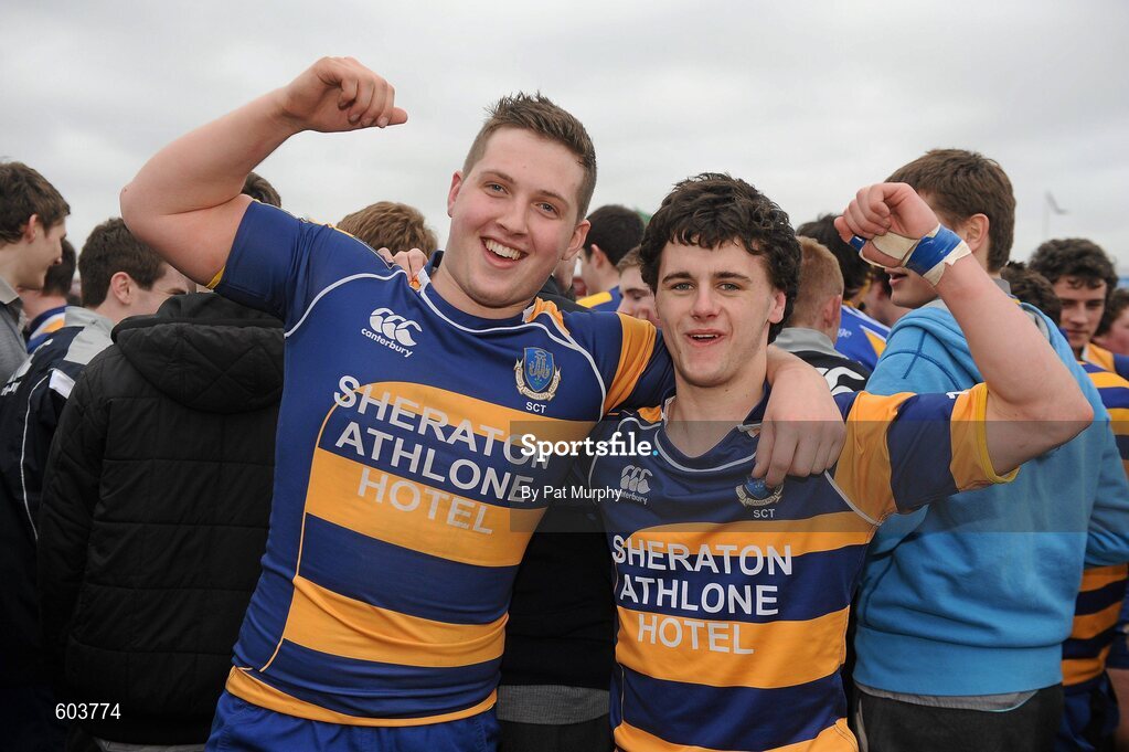 14 March 2012; Ryan Sheridan, left, and Cormac Langdon, Marist College, Athlone, celebrate after the game. Supermac's Connacht Schools Senior Cup Final, Marist College, Athlone v Sligo Grammar School, Sportsground, Galway. Picture credit: Pat Murphy / SPORTSFILE