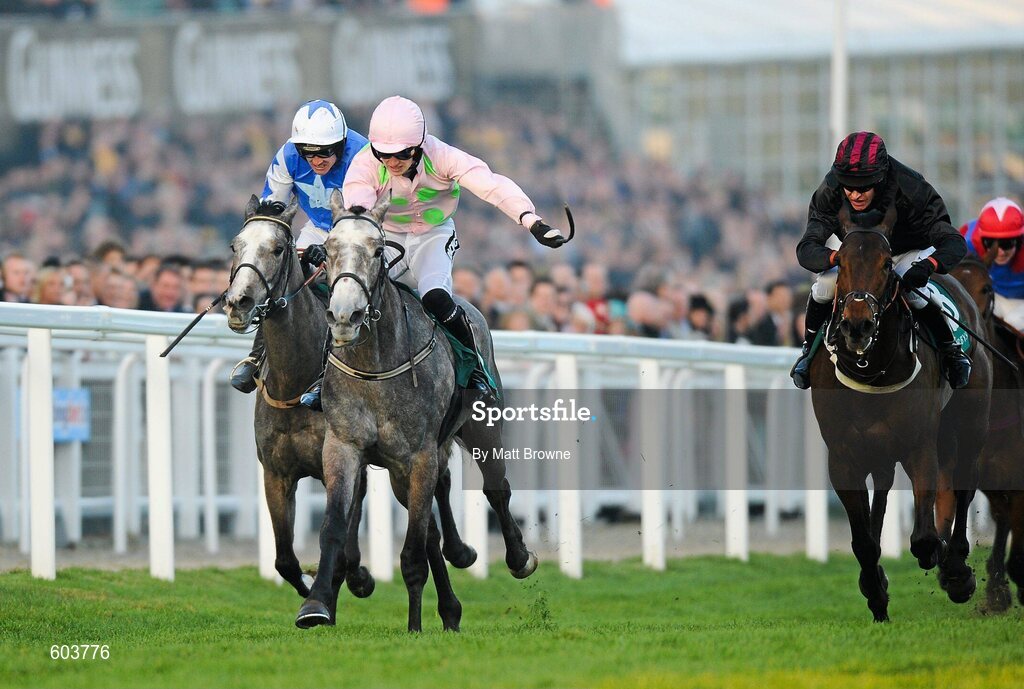 14 March 2012; Champagne Fever, centre, with Patrick Mullins up, on the way to winning the Weatherbys Champion Bumper from eventual second Pique Sous, right, with Ruby Walsh up, and eventual third, New Year's Eve, with Barry Geraghty up. Cheltenham Racing Festival, Prestbury Park, Cheltenham, England. Picture credit: Matt Browne / SPORTSFILE