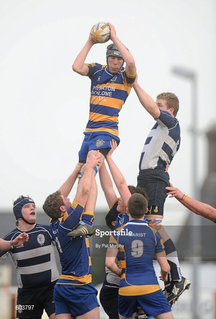 14 March 2012; Cian White, Marist College, Athlone, wins possession in the lineout ahead of Ryan Hehir, Sligo Grammar School. Supermac's Connacht Schools Senior Cup Final, Marist College, Athlone v Sligo Grammar School, Sportsground, Galway. Picture credit: Pat Murphy / SPORTSFILE