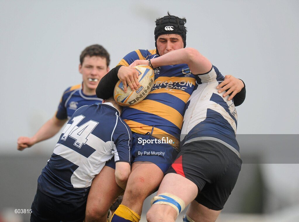 14 March 2012; Saba Meunargia, Marist College, Athlone, is tackled by Daragh Higgins, left, and Shane Boyle, Sligo Grammar School. Supermac's Connacht Schools Senior Cup Final, Marist College, Athlone v Sligo Grammar School, Sportsground, Galway. Picture credit: Pat Murphy / SPORTSFILE