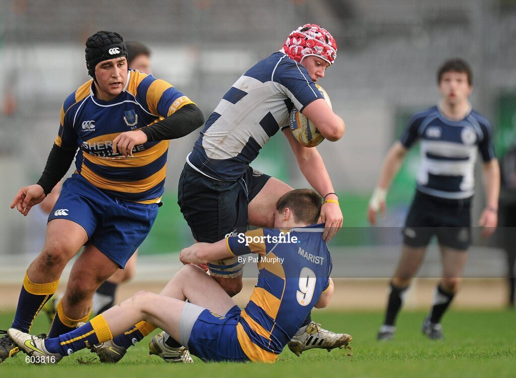 14 March 2012; Diarmuid O'Dowd-Hill, Sligo Grammar School, is tackled by Robert Ashe, 9, and Saba Meunargia, Marist College, Athlone. Supermac's Connacht Schools Senior Cup Final, Marist College, Athlone v Sligo Grammar School, Sportsground, Galway. Picture credit: Pat Murphy / SPORTSFILE