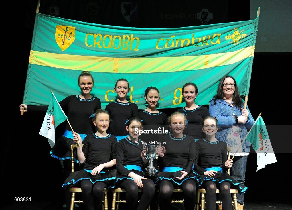 18 February 2012; The Crecora GAA Club, Co. Limerick, team, back row, left to right, Caoimhe Sheehan, Amy O'Connor, Aisling Coughlin, Fiona Hogan, and front row, left to right, Eimear Mahon, Emer Kennedy, Olive Wixsted, Orla Byrnes, with teacher Muirne Bennis, back right, after winning the 'Figure Dancing' competition during the All-Ireland Scór na nÓg Finals 2012. Royal Theatre & Events Centre, Castlebar, Co. Mayo. Picture credit: Ray McManus / SPORTSFILE