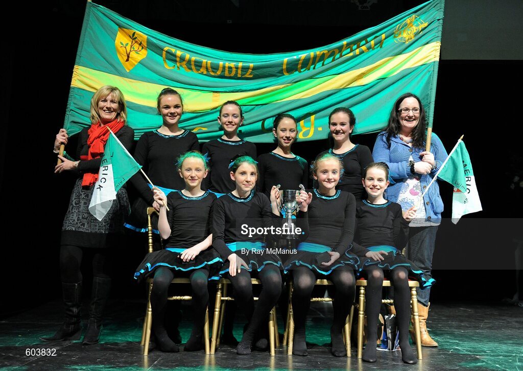 18 February 2012; The Crecora GAA Club, Co. Limerick, team, back row, left to right, Caoimhe Sheehan, Amy O'Connor, Aisling Coughlin, Fiona Hogan, and front row, left to right, Eimear Mahon, Emer Kennedy, Olive Wixsted, Orla Byrnes, with teachers Nora O’Connor, back left, and Muirne Bennis, back right, after winning the 'Figure Dancing' competition during the All-Ireland Scór na nÓg Finals 2012. Royal Theatre & Events Centre, Castlebar, Co. Mayo. Picture credit: Ray McManus / SPORTSFILE