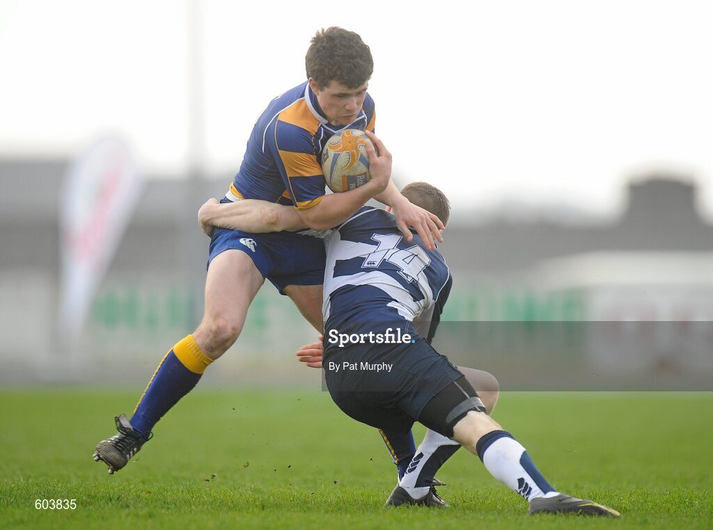 14 March 2012; Eoghan O'Reilly, Marist College, Athlone, is tackled by Daragh Higgins, Sligo Grammar School. Supermac's Connacht Schools Senior Cup Final, Marist College, Athlone v Sligo Grammar School, Sportsground, Galway. Picture credit: Pat Murphy / SPORTSFILE