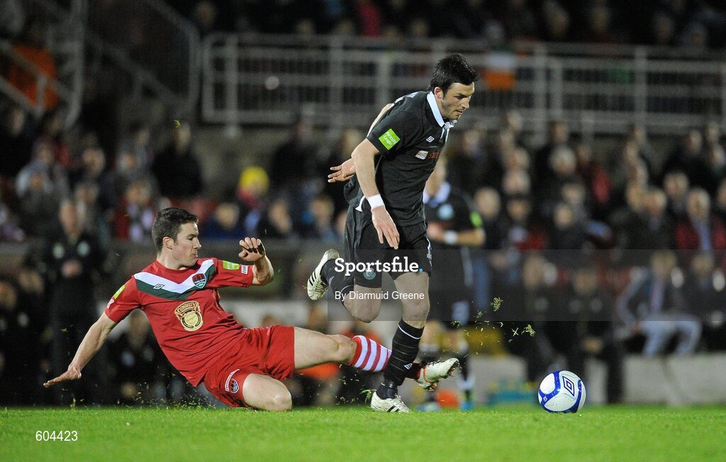 16 March 2012; Killian Brennan, Shamrock Rovers, in action against Gearoid Morrissey, Cork City. Airtricity League Premier Division, Cork City v Shamrock Rovers, Turner's Cross, Cork. Picture credit: Diarmuid Greene / SPORTSFILE