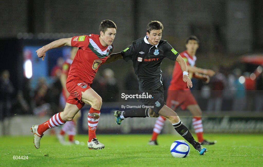 16 March 2012; Ronan Finn, Shamrock Rovers, in action against Gearoid Morrissey, Cork City. Airtricity League Premier Division, Cork City v Shamrock Rovers, Turner's Cross, Cork. Picture credit: Diarmuid Greene / SPORTSFILE