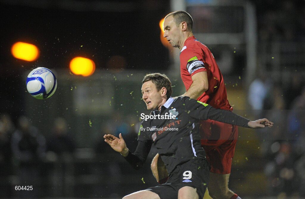 16 March 2012; Gary Twigg, Shamrock Rovers, in action against Dan Murray, Cork City. Airtricity League Premier Division, Cork City v Shamrock Rovers, Turner's Cross, Cork. Picture credit: Diarmuid Greene / SPORTSFILE