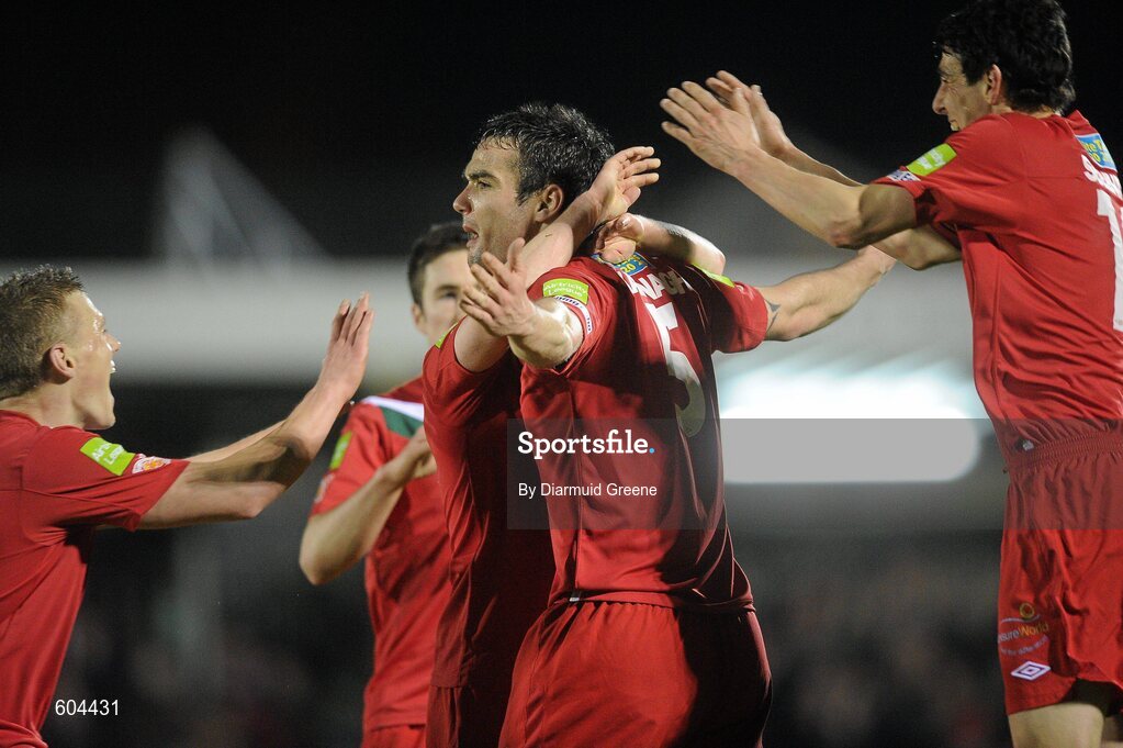 16 March 2012; Gavin Kavanagh, Cork City, celebrates with team-mates after scoring his side's first goal. Airtricity League Premier Division, Cork City v Shamrock Rovers, Turner's Cross, Cork. Picture credit: Diarmuid Greene / SPORTSFILE
