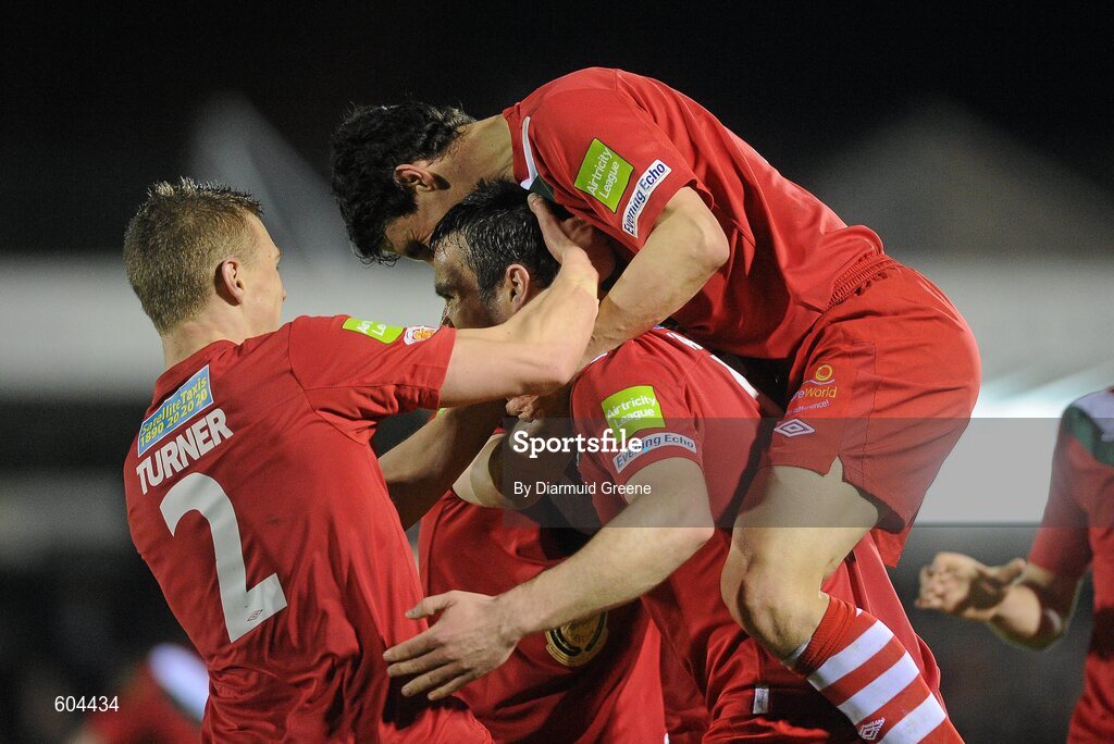 16 March 2012; Gavin Kavanagh, Cork City, celebrates with team-mates after scoring his side's first goal. Airtricity League Premier Division, Cork City v Shamrock Rovers, Turner's Cross, Cork. Picture credit: Diarmuid Greene / SPORTSFILE