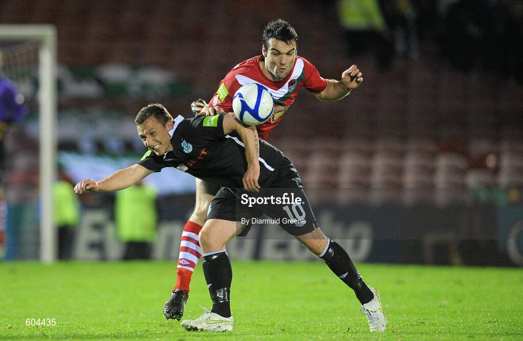 16 March 2012; Gavin Kavanagh, Cork City, in action against Gary O'Neill, Shamrock Rovers. Airtricity League Premier Division, Cork City v Shamrock Rovers, Turner's Cross, Cork. Picture credit: Diarmuid Greene / SPORTSFILE