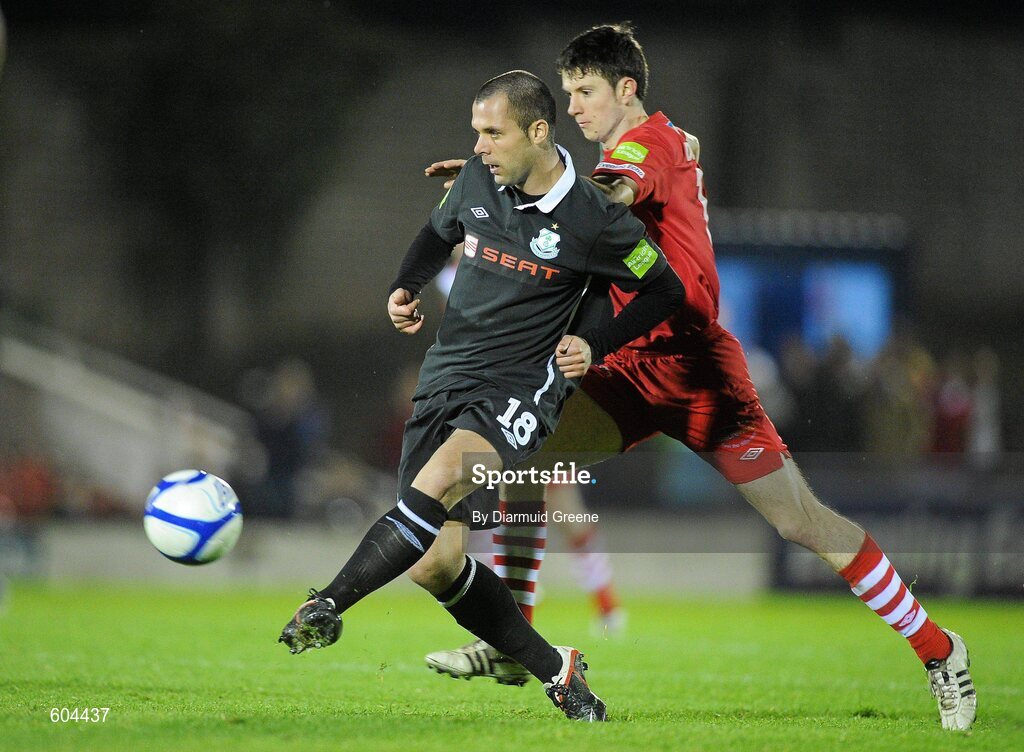 16 March 2012; Chris Turner, Shamrock Rovers, in action against John Dunleavy, Cork City. Airtricity League Premier Division, Cork City v Shamrock Rovers, Turner's Cross, Cork. Picture credit: Diarmuid Greene / SPORTSFILE