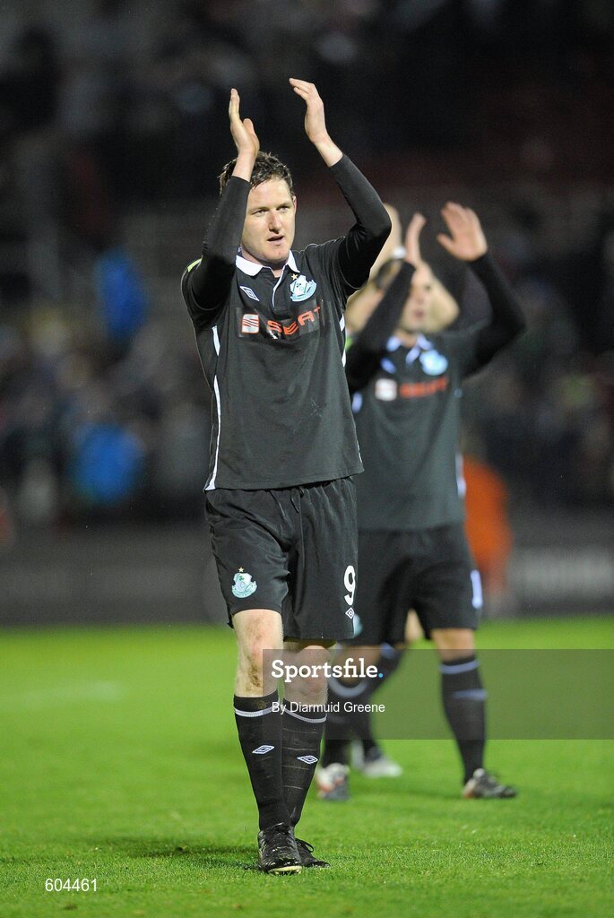 16 March 2012; Gary Twigg, Shamrock Rovers, acknowledges the supporters after their side's draw with Cork City. Airtricity League Premier Division, Cork City v Shamrock Rovers, Turner's Cross, Cork. Picture credit: Diarmuid Greene / SPORTSFILE