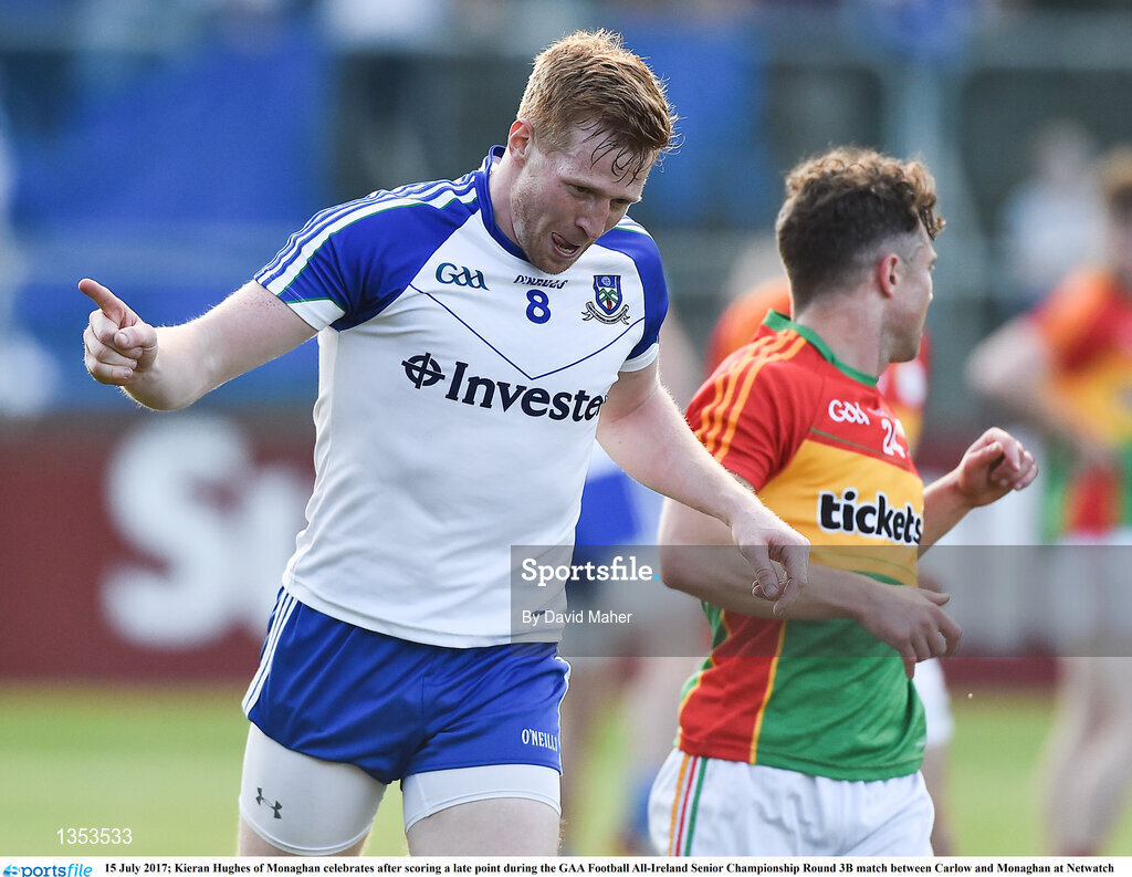 15 July 2017; Kieran Hughes of Monaghan celebrates after scoring a late point during the GAA Football All-Ireland Senior Championship Round 3B match between Carlow and Monaghan at Netwatch Cullen Park in Carlow. Photo by David Maher/Sportsfile