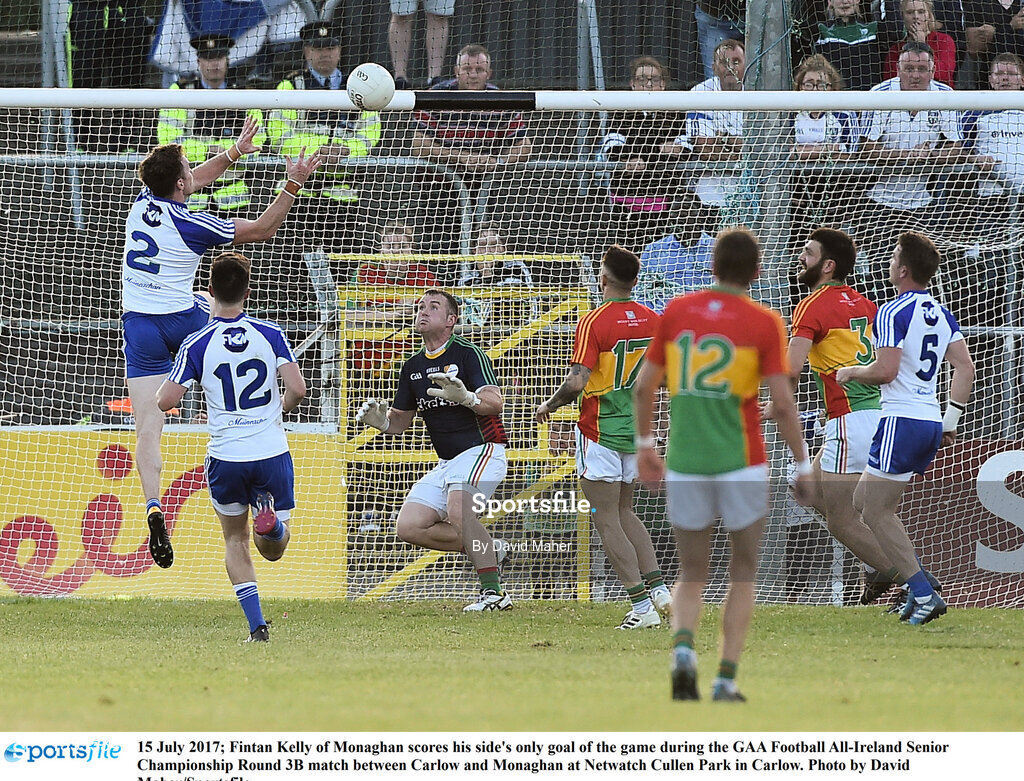 15 July 2017; Fintan Kelly of Monaghan scores his side's only goal of the game during the GAA Football All-Ireland Senior Championship Round 3B match between Carlow and Monaghan at Netwatch Cullen Park in Carlow. Photo by David Maher/Sportsfile
