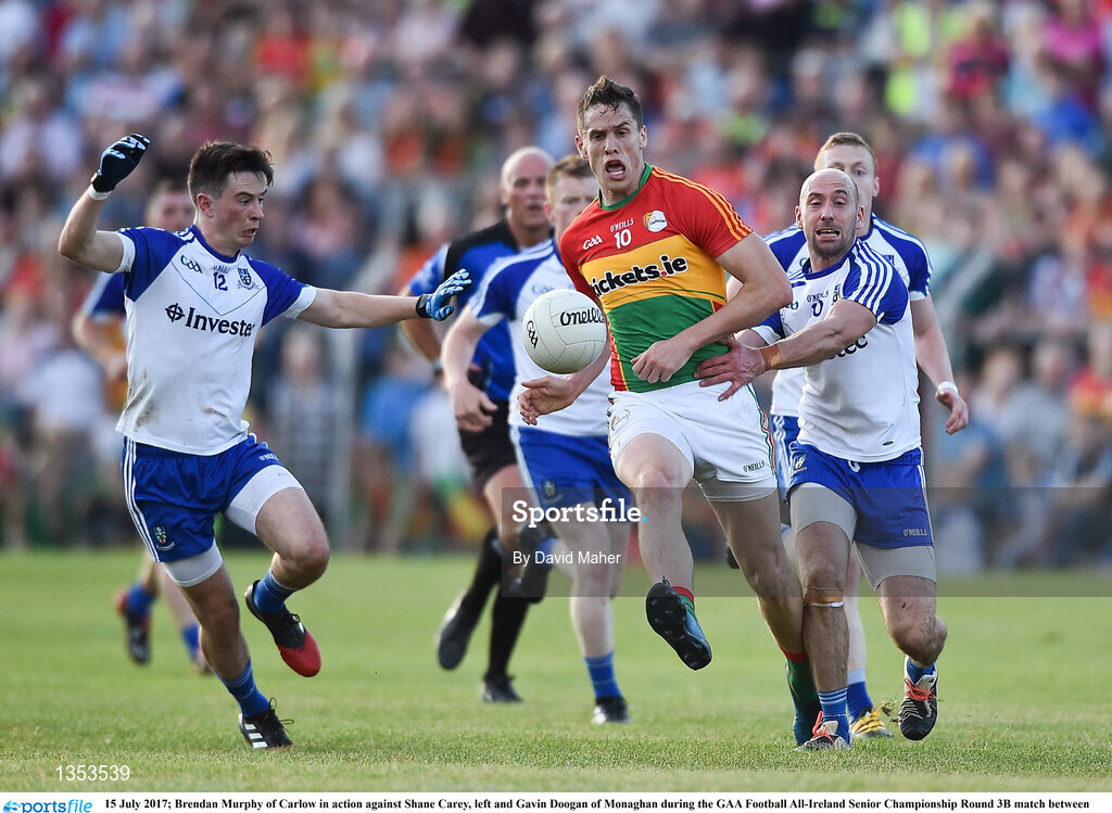 15 July 2017; Brendan Murphy of Carlow in action against Shane Carey, left and Gavin Doogan of Monaghan during the GAA Football All-Ireland Senior Championship Round 3B match between Carlow and Monaghan at Netwatch Cullen Park in Carlow. Photo by David Maher/Sportsfile