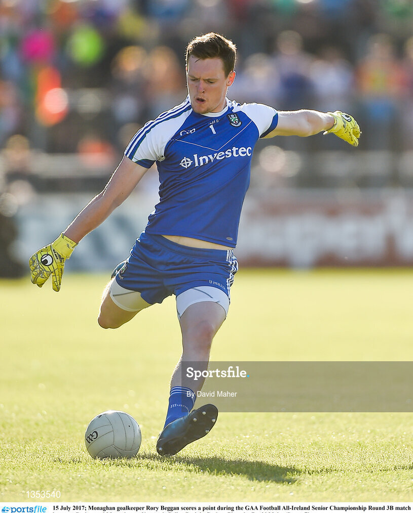 15 July 2017; Monaghan goalkeeper Rory Beggan scores a point during the GAA Football All-Ireland Senior Championship Round 3B match between Carlow and Monaghan at Netwatch Cullen Park in Carlow. Photo by David Maher/Sportsfile