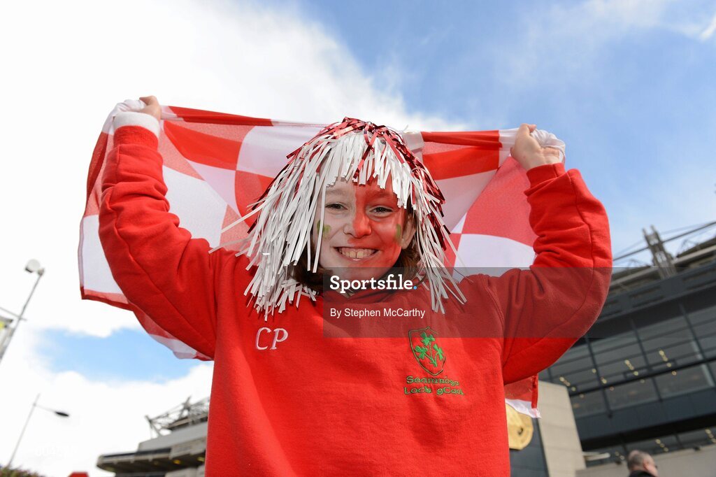 17 March 2012; Loughgiel Shamrocks supporter Chloe Parker, age 10, ahead of the game. AIB GAA Hurling All-Ireland Senior Club Championship Final, Coolderry, Offaly, v Loughgiel Shamrocks, Antrim. Croke Park, Dublin. Picture credit: Stephen McCarthy / SPORTSFILE