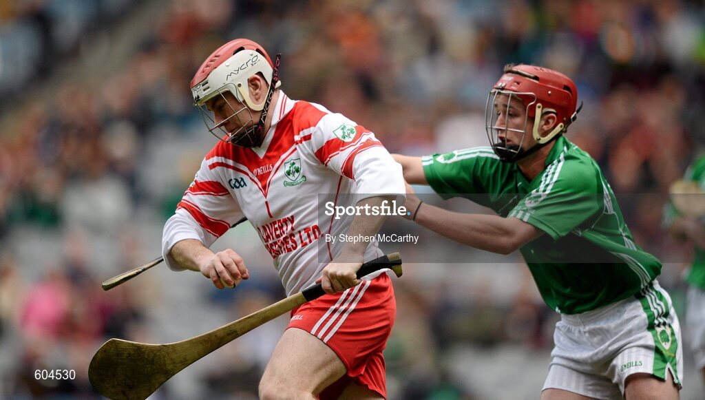 17 March 2012; Damian Quinn, Loughgiel Shamrocks, in action against Eoin Ryan, Coolderry. AIB GAA Hurling All-Ireland Senior Club Championship Final, Coolderry, Offaly, v Loughgiel Shamrocks, Antrim. Croke Park, Dublin. Picture credit: Stephen McCarthy / SPORTSFILE