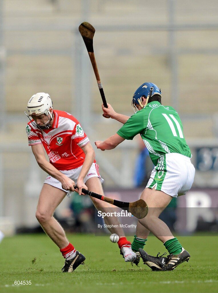 17 March 2012; James Campbell, Loughgiel Shamrocks, in action against Barry Teehan, Coolderry. AIB GAA Hurling All-Ireland Senior Club Championship Final, Coolderry, Offaly, v Loughgiel Shamrocks, Antrim. Croke Park, Dublin. Picture credit: Stephen McCarthy / SPORTSFILE