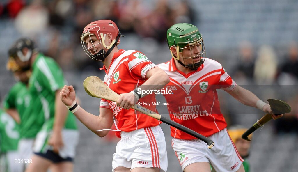 17 March 2012; Liam Watson celebrates scoring the second goal for Loughgiel Shamrocks with team mate Brendan McCarry. AIB GAA Hurling All-Ireland Senior Club Championship Final, Coolderry, Offaly, v Loughgiel Shamrocks, Antrim, Croke Park, Dublin. Picture credit: Ray McManus / SPORTSFILE