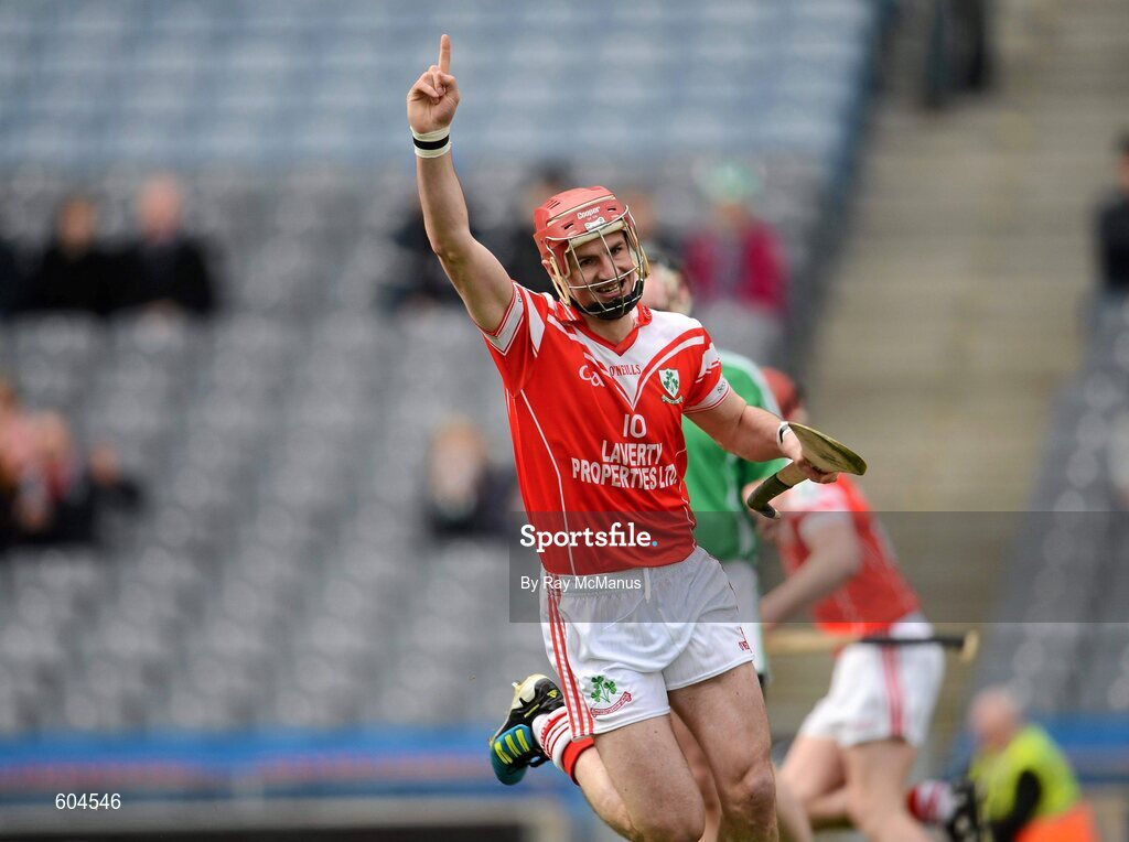 17 March 2012; Liam Watson celebrates scoring the second goal for Loughgiel Shamrocks. AIB GAA Hurling All-Ireland Senior Club Championship Final, Coolderry, Offaly, v Loughgiel Shamrocks, Antrim, Croke Park, Dublin. Picture credit: Ray McManus / SPORTSFILE