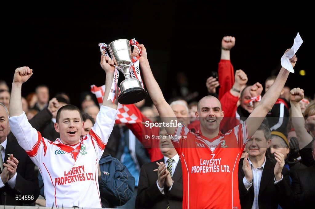 17 March 2012; Loughgiel Shamrocks joint captains Damian Quinn, left, and Johnny Campbell lift the Tommy Moore Cup. AIB GAA Hurling All-Ireland Senior Club Championship Final, Coolderry, Offaly, v Loughgiel Shamrocks, Antrim. Croke Park, Dublin. Picture credit: Stephen McCarthy / SPORTSFILE