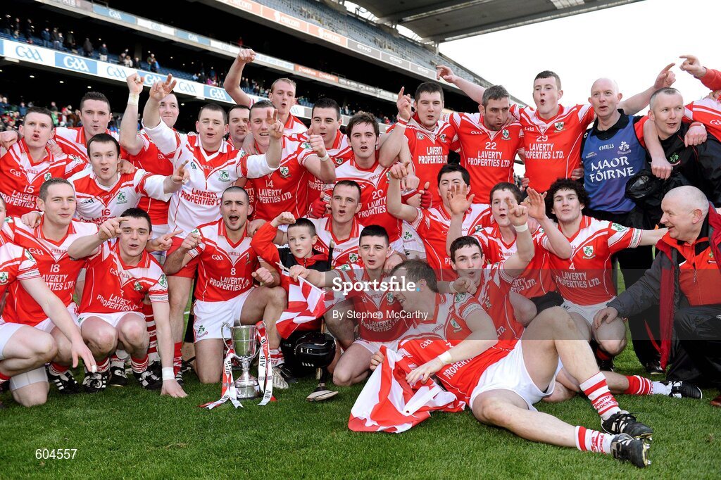 17 March 2012; Loughgiel Shamrocks players celebrate with the Tommy Moore Cup. AIB GAA Hurling All-Ireland Senior Club Championship Final, Coolderry, Offaly, v Loughgiel Shamrocks, Antrim. Croke Park, Dublin. Picture credit: Stephen McCarthy / SPORTSFILE