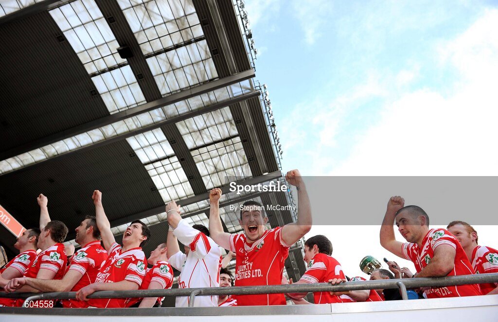 17 March 2012; Loughgiel Shamrocks players, including Eddie McCloskey, centre, celebrate their side's victory. AIB GAA Hurling All-Ireland Senior Club Championship Final, Coolderry, Offaly, v Loughgiel Shamrocks, Antrim. Croke Park, Dublin. Picture credit: Stephen McCarthy / SPORTSFILE