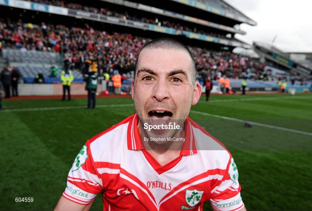 17 March 2012; Barney McAuley, Loughgiel Shamrocks, celebrates his side's victory. AIB GAA Hurling All-Ireland Senior Club Championship Final, Coolderry, Offaly, v Loughgiel Shamrocks, Antrim. Croke Park, Dublin. Picture credit: Stephen McCarthy / SPORTSFILE