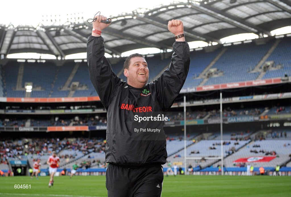 17 March 2012; Loughgiel Shamrocks manager PJ O'Mullan celebrates during the final seconds of the game. AIB GAA Hurling All-Ireland Senior Club Championship Final, Coolderry, Offaly, v Loughgiel Shamrocks, Antrim, Croke Park, Dublin. Picture credit: Pat Murphy / SPORTSFILE