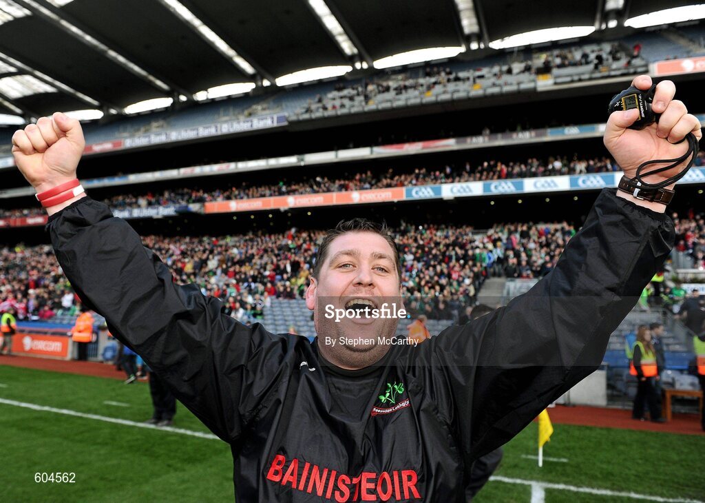 17 March 2012; Loughgiel Shamrocks manager PJ O'Mullan celebrates his side's victory. AIB GAA Hurling All-Ireland Senior Club Championship Final, Coolderry, Offaly, v Loughgiel Shamrocks, Antrim. Croke Park, Dublin. Picture credit: Stephen McCarthy / SPORTSFILE