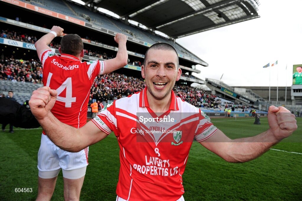 17 March 2012; Barney McAuley, Loughgiel Shamrocks, celebrates his side's victory. AIB GAA Hurling All-Ireland Senior Club Championship Final, Coolderry, Offaly, v Loughgiel Shamrocks, Antrim. Croke Park, Dublin. Picture credit: Stephen McCarthy / SPORTSFILE