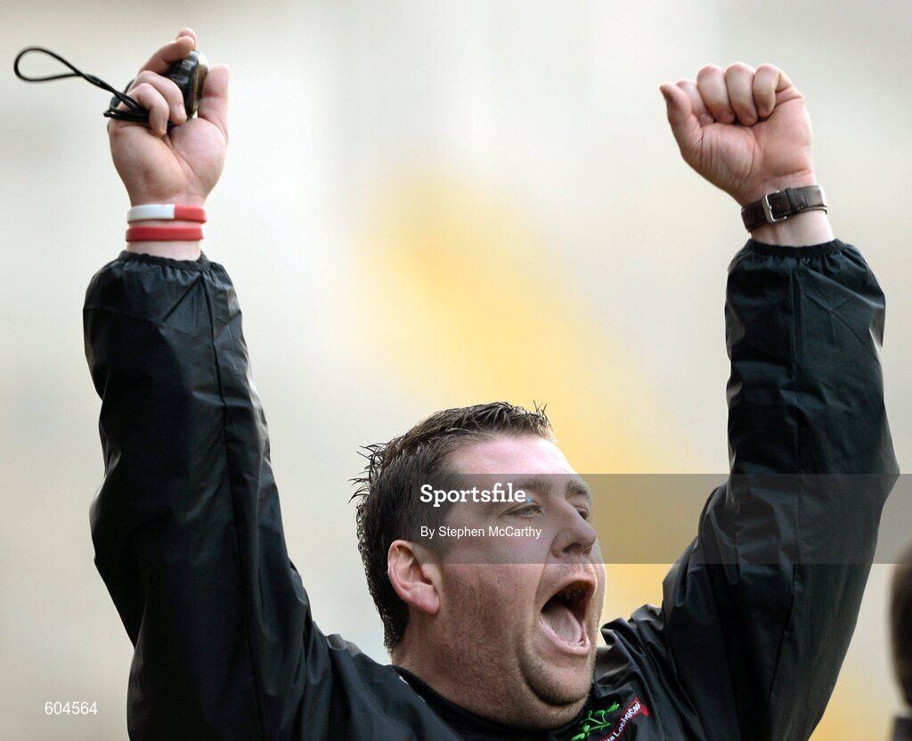 17 March 2012; Loughgiel Shamrocks manager PJ O'Mullan celebrates his side's victory. AIB GAA Hurling All-Ireland Senior Club Championship Final, Coolderry, Offaly, v Loughgiel Shamrocks, Antrim. Croke Park, Dublin. Picture credit: Stephen McCarthy / SPORTSFILE