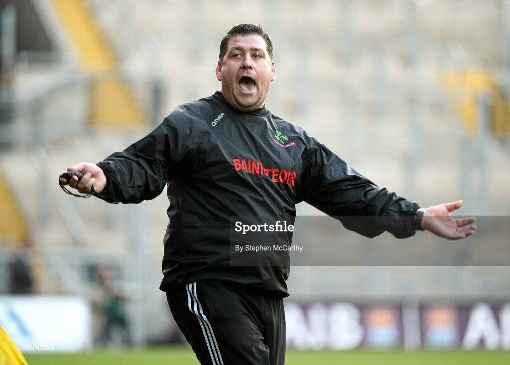 17 March 2012; Loughgiel Shamrocks manager PJ O'Mullan celebrates his side's victory. AIB GAA Hurling All-Ireland Senior Club Championship Final, Coolderry, Offaly, v Loughgiel Shamrocks, Antrim. Croke Park, Dublin. Picture credit: Stephen McCarthy / SPORTSFILE