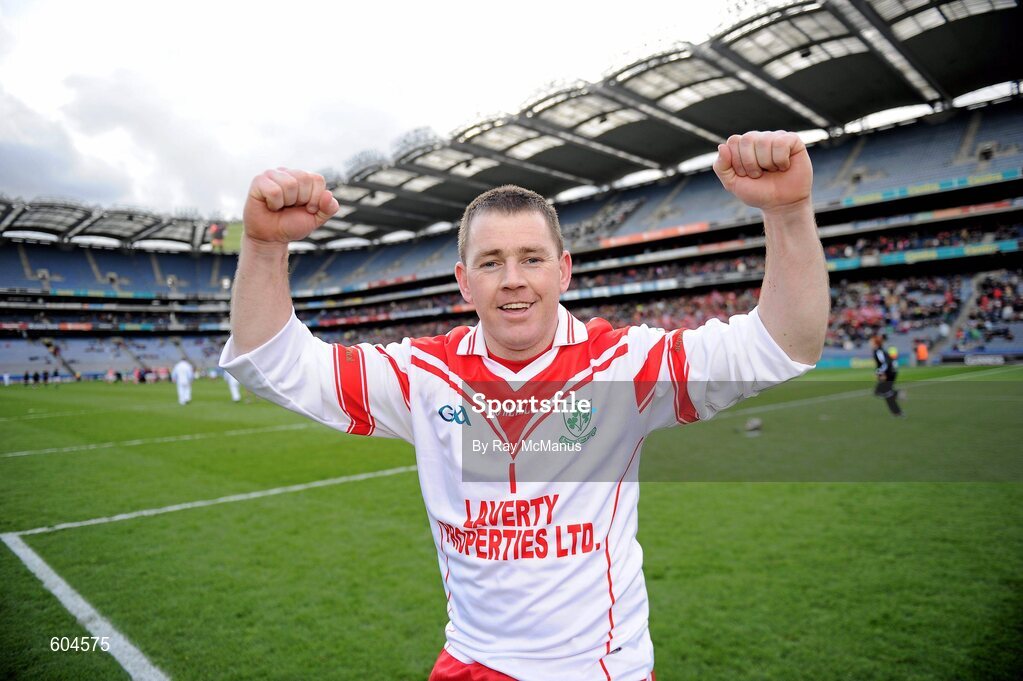 17 March 2012; The Loughgiel Shamrocks goalkeeper and joint captain Damian Quinn celebrates after the game. AIB GAA Hurling All-Ireland Senior Club Championship Final, Coolderry, Offaly, v Loughgiel Shamrocks, Antrim, Croke Park, Dublin. Picture credit: Ray McManus / SPORTSFILE
