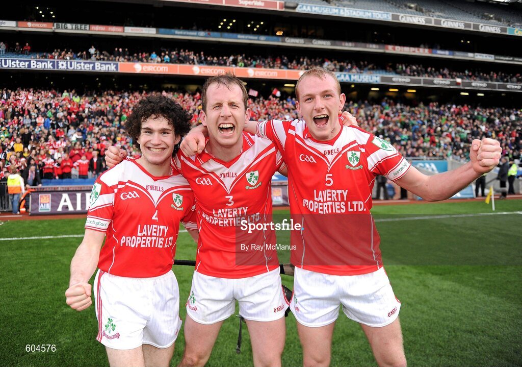 17 March 2012; The Loughgiel Shamrocks defenders Ronan McCloskey, 4, Neill McGarry, 3,  and James Campbell celebrate after the game. AIB GAA Hurling All-Ireland Senior Club Championship Final, Coolderry, Offaly, v Loughgiel Shamrocks, Antrim, Croke Park, Dublin. Picture credit: Ray McManus / SPORTSFILE