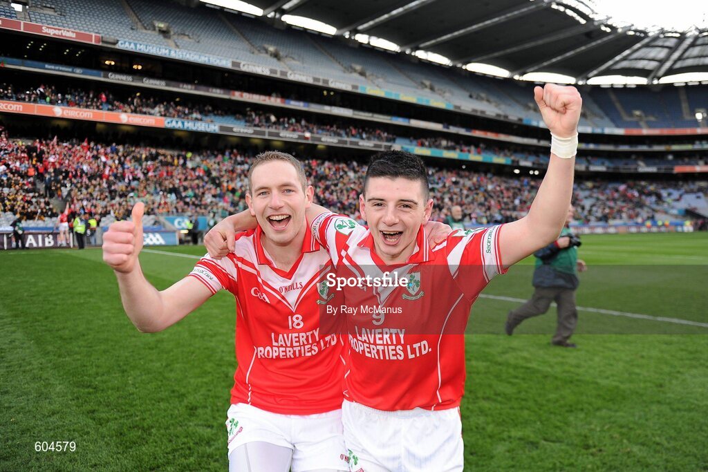 17 March 2012; Loughgiel Shamrocks players Odhran McFadden and Mark McFadden celebrate after the game. AIB GAA Hurling All-Ireland Senior Club Championship Final, Coolderry, Offaly, v Loughgiel Shamrocks, Antrim, Croke Park, Dublin. Picture credit: Ray McManus / SPORTSFILE