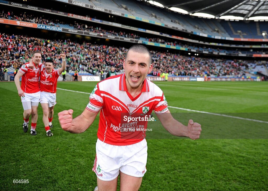 17 March 2012; Barney McAuley, Loughgiel Shamrocks, celebrates after the game. AIB GAA Hurling All-Ireland Senior Club Championship Final, Coolderry, Offaly, v Loughgiel Shamrocks, Antrim, Croke Park, Dublin. Picture credit: Ray McManus / SPORTSFILE