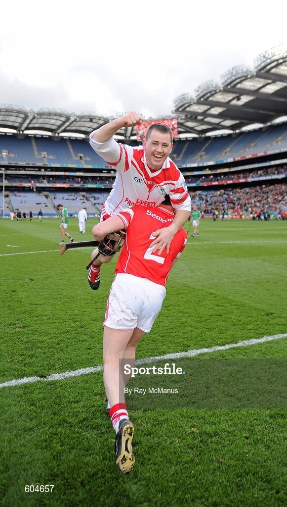17 March 2012; The Loughgiel Shamrocks goalkeeper, Damian Quinn, and corner back, Paul Gillan, celebrate victory. AIB GAA Hurling All-Ireland Senior Club Championship Final, Coolderry, Offaly, v Loughgiel Shamrocks, Antrim, Croke Park, Dublin. Picture credit: Ray McManus / SPORTSFILE