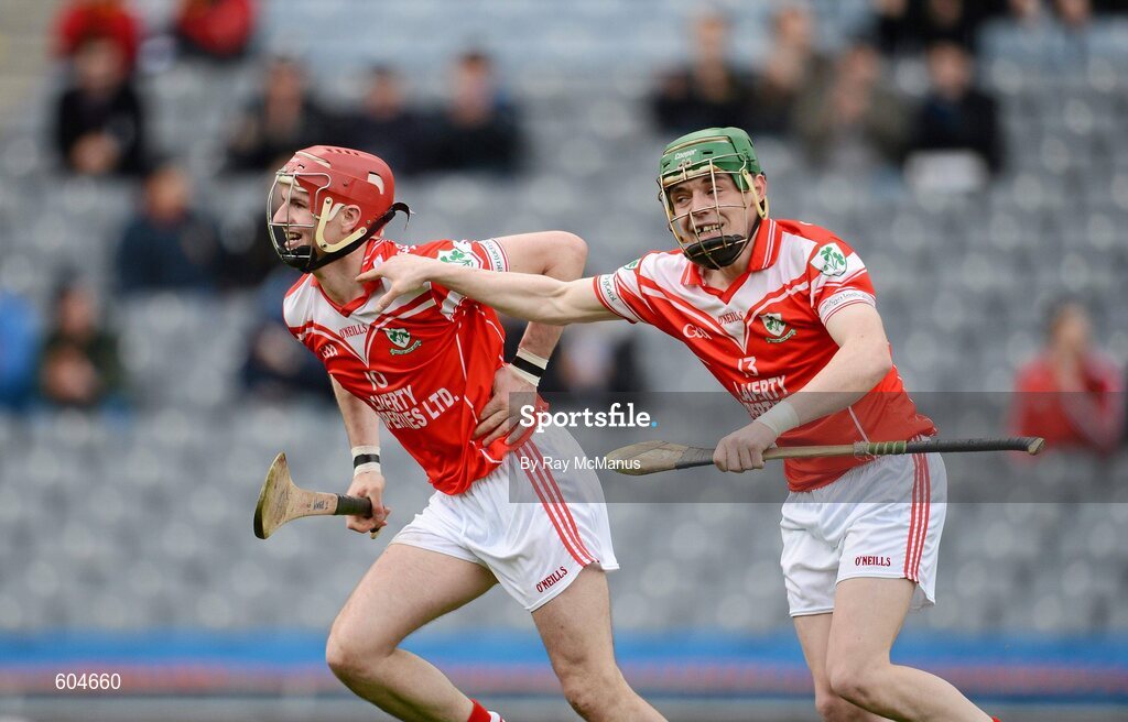 17 March 2012; Liam Watson, left, celebrates scoring the fourth Loughgiel Shamrocks goal with team mate Brendan McGarry. AIB GAA Hurling All-Ireland Senior Club Championship Final, Coolderry, Offaly, v Loughgiel Shamrocks, Antrim, Croke Park, Dublin. Picture credit: Ray McManus / SPORTSFILE