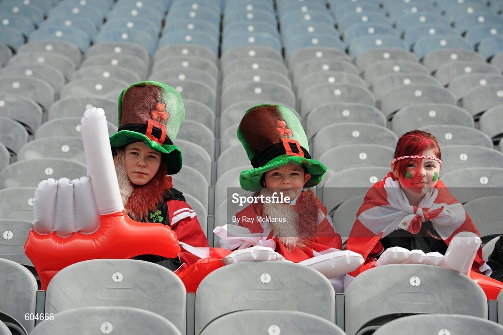 17 March 2012; Supporters of Loughgiel Shamrocks Ronan McCollum, left, Conor McCormick, centre, and Conor O'Mallan, await the start of the game. AIB GAA Hurling All-Ireland Senior Club Championship Final, Coolderry, Offaly, v Loughgiel Shamrocks, Antrim, Croke Park, Dublin. Picture credit: Ray McManus / SPORTSFILE