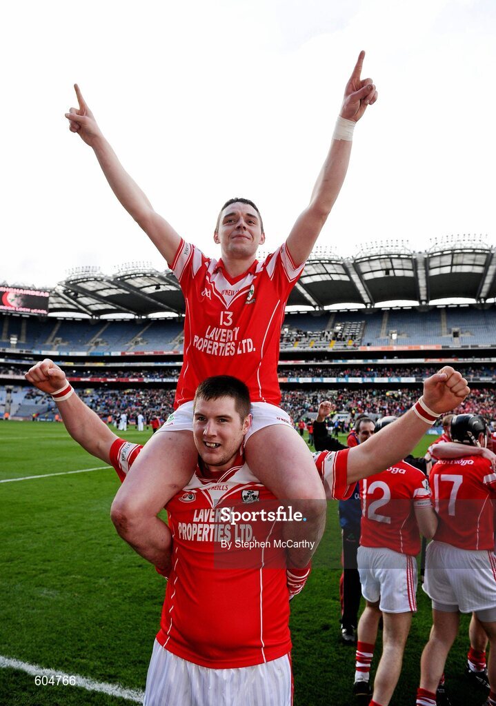 17 March 2012; Brendan McCarry, 13, and Damian Laverty, Loughgiel Shamrocks, celebrate their side's victory. AIB GAA Hurling All-Ireland Senior Club Championship Final, Coolderry, Offaly, v Loughgiel Shamrocks, Antrim. Croke Park, Dublin. Picture credit: Stephen McCarthy / SPORTSFILE