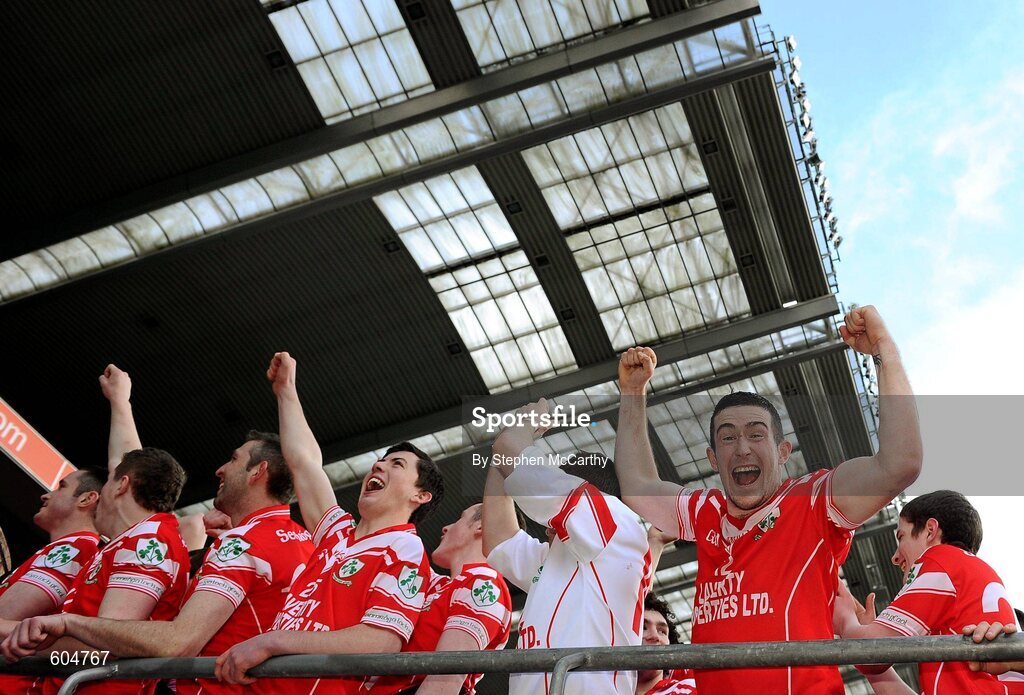 17 March 2012; Loughgiel Shamrocks players, including Eddie McCloskey, right, celebrate their side's victory. AIB GAA Hurling All-Ireland Senior Club Championship Final, Coolderry, Offaly, v Loughgiel Shamrocks, Antrim. Croke Park, Dublin. Picture credit: Stephen McCarthy / SPORTSFILE