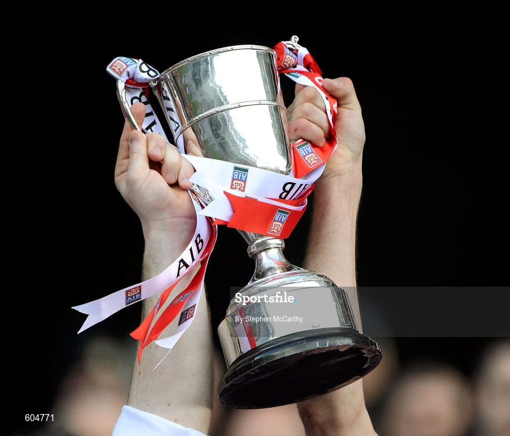 17 March 2012; Loughgiel Shamrocks joint captains Damian Quinn, left, and Johnny Campbell lift the Tommy Moore Cup. AIB GAA Hurling All-Ireland Senior Club Championship Final, Coolderry, Offaly, v Loughgiel Shamrocks, Antrim. Croke Park, Dublin. Picture credit: Stephen McCarthy / SPORTSFILE
